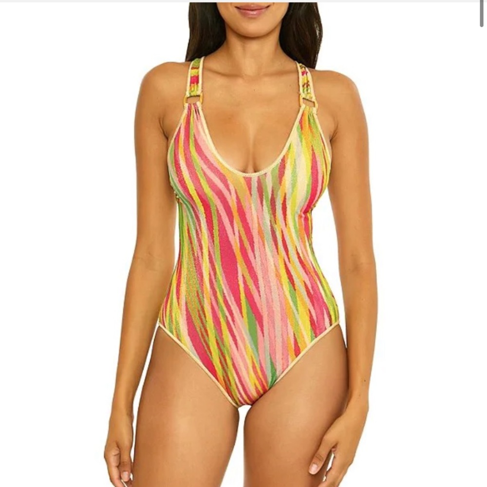 ⭐️NEW Becca Stripe Print Awaken Londyn Metallic Ring One Piece Swimsuit